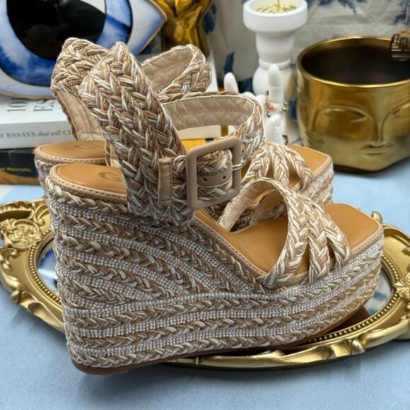 🆕 GIANNI BINI 🧿 NWOB Santi Woven Beaded Wedge Sandal - Neutral Woven Sz US 7 - Picture 11 of 16